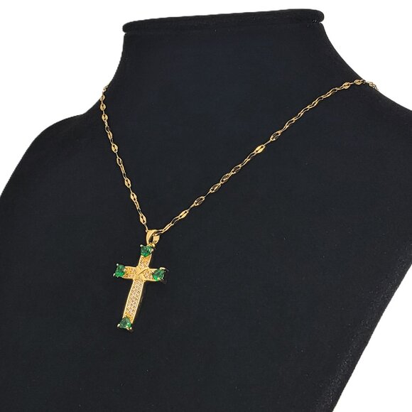 18K Gold Womens 1ct Diamond 2ct Green Emerald Gemstone Cross Necklace Jewelry - Picture 6 of 6